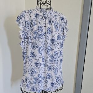 Adrienne Vittadini Blue Floral Smocked Ruffle Sleeve Blouse